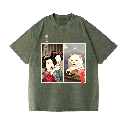Women Yelling Cats Vintage Wash Japanese Design T-Shirt