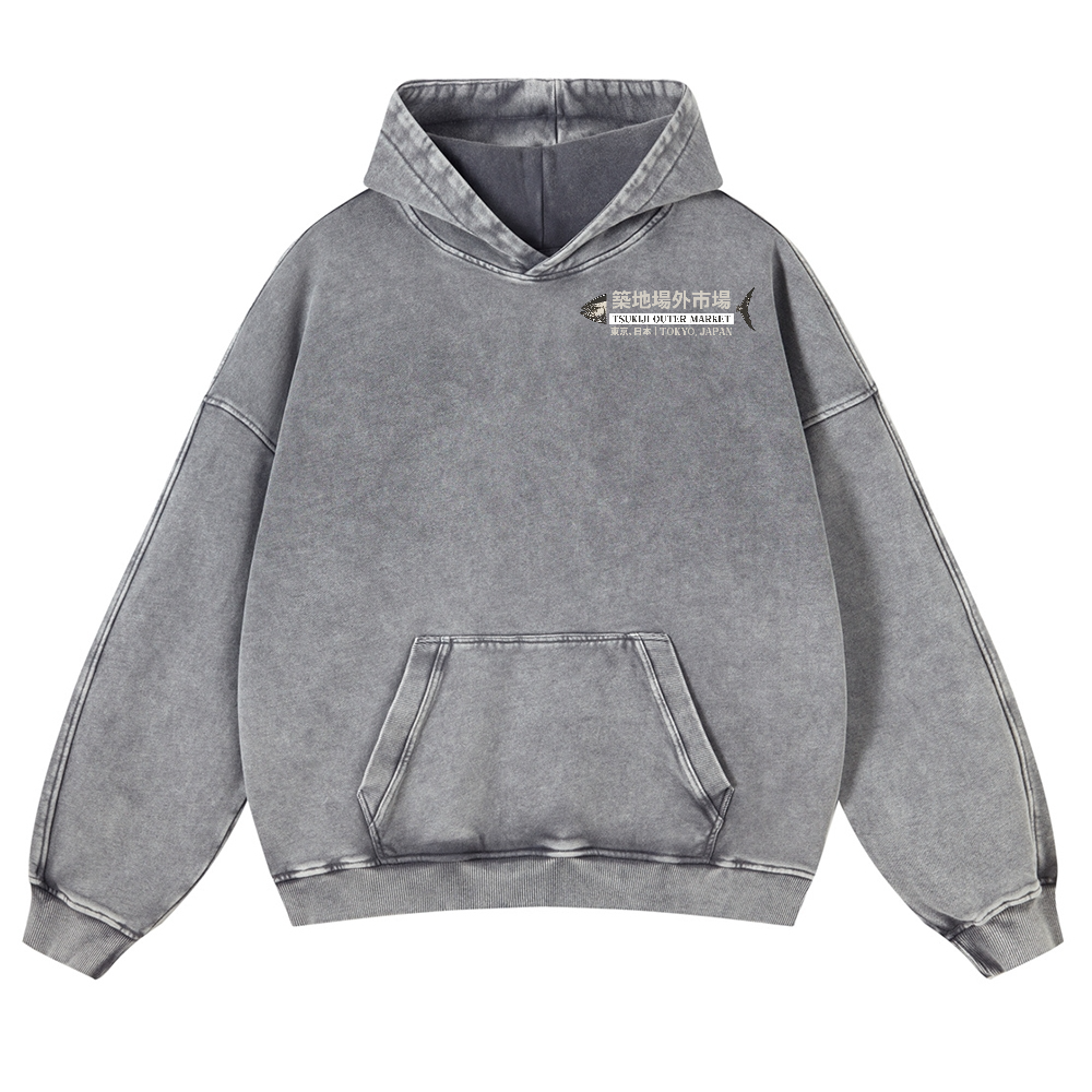 Tsukiji Market Tuna Fish Vintage Washed Cotton Back Art Hoodie