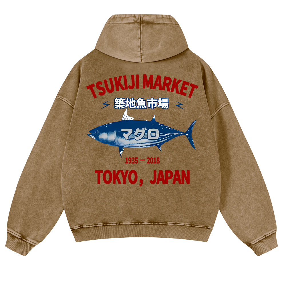 Tsukiji Market Tuna Fish Tokyo Japan Vintage Washed Cotton Back Art Hoodie