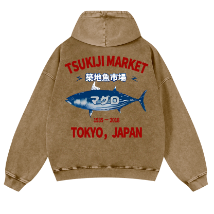 Tsukiji Market Tuna Fish Tokyo Japan Vintage Washed Cotton Back Art Hoodie