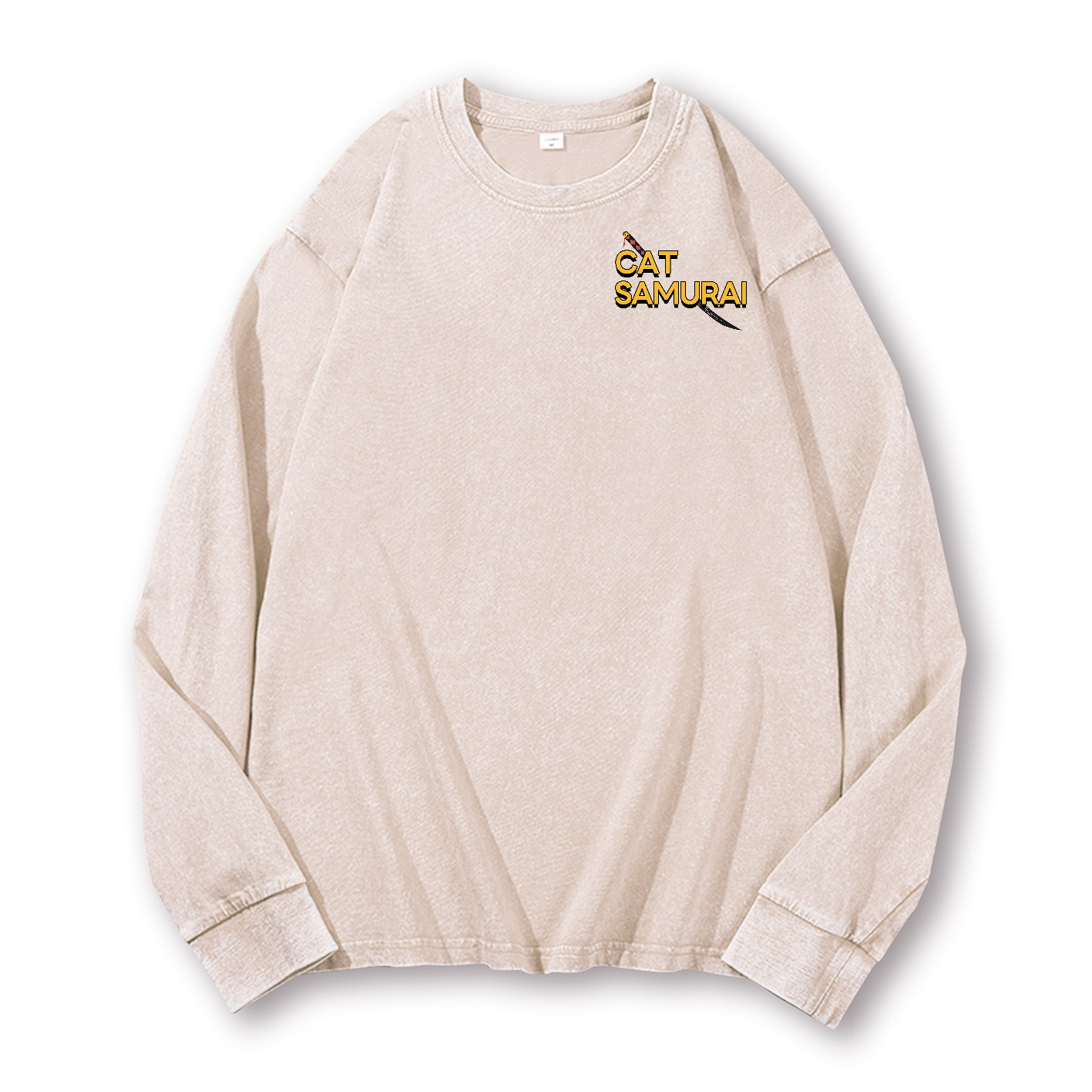 Cat Samurai Vintage Washed Cotton Back Art Long-sleeve T-shirt
