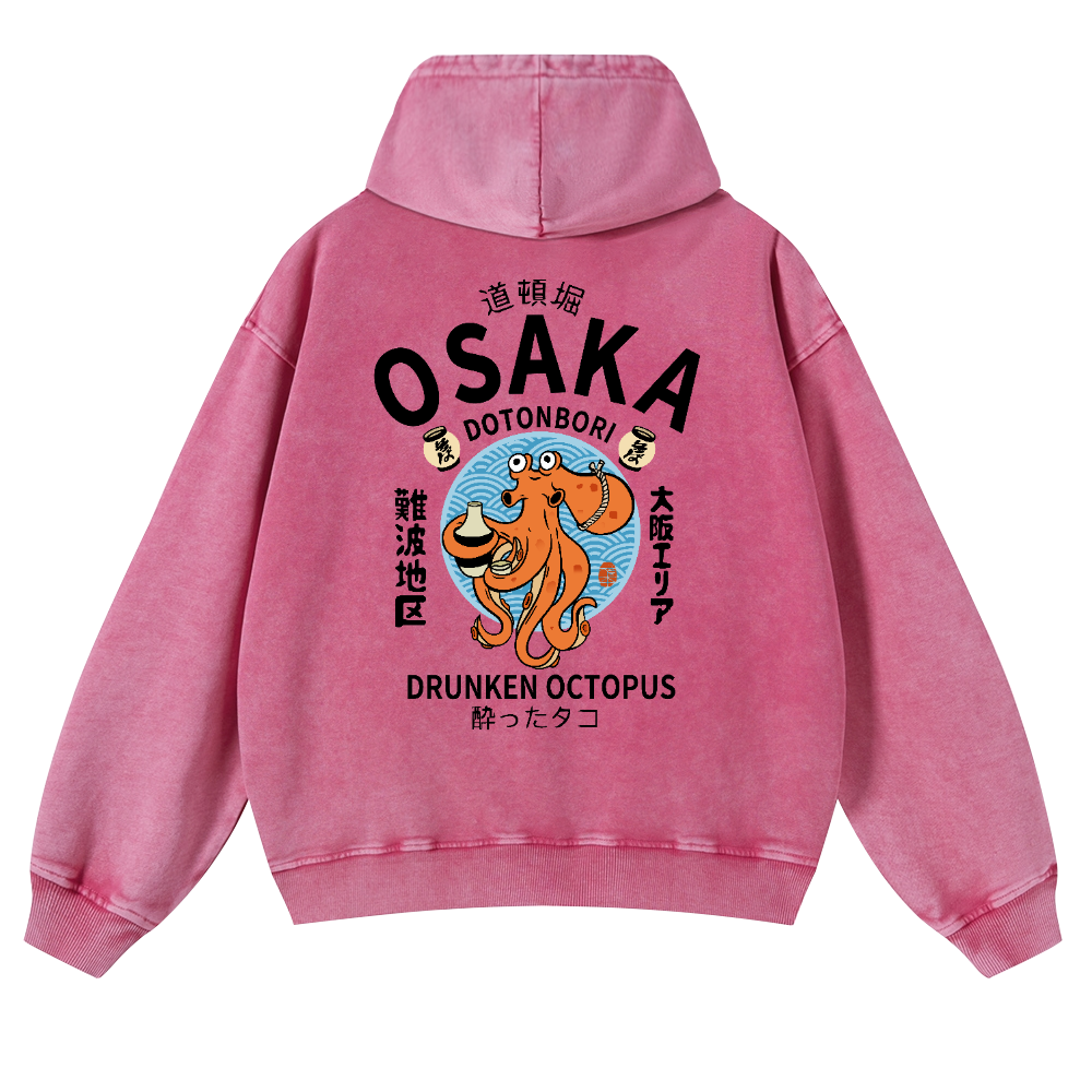 Osaka Drunken Octopus Vintage Washed Cotton Back Art Hoodie
