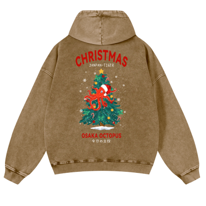 Christmas Osaka Octopus Vintage Washed Cotton Back Art Hoodie