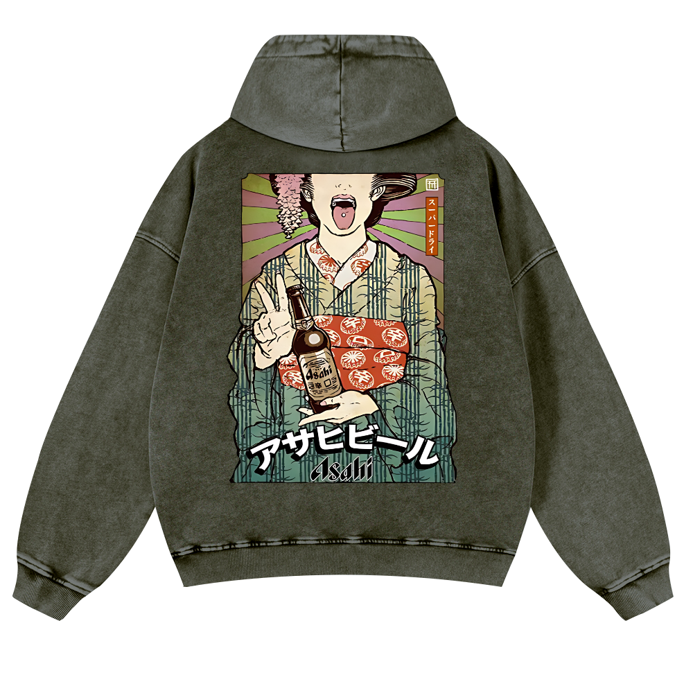 Asahi Beer Geisha Vintage Washed Cotton Back Art Hoodie