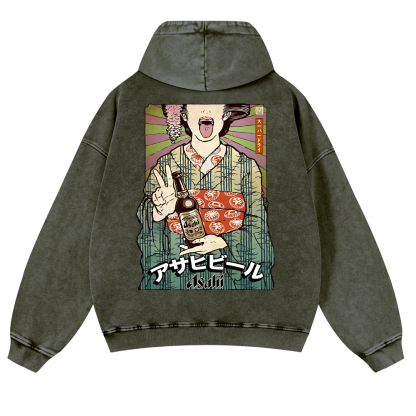 Asahi Beer Geisha Vintage Washed Cotton Back Art Hoodie