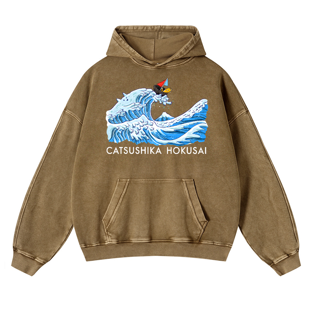 Catsushika Hokusai Cat Vintage Washed Thick Cotton Hoodie