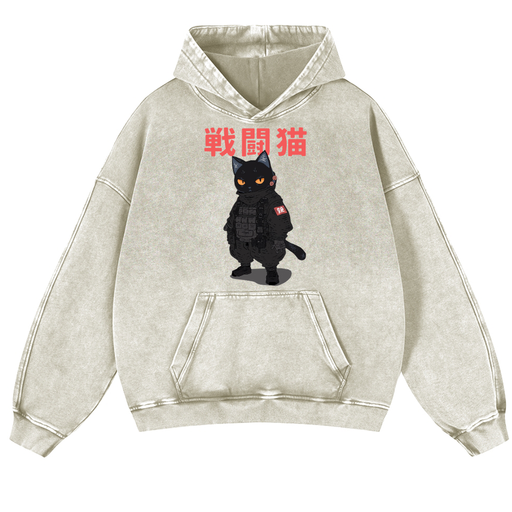 Black Cat Vintage Washed Thick Cotton Hoodie