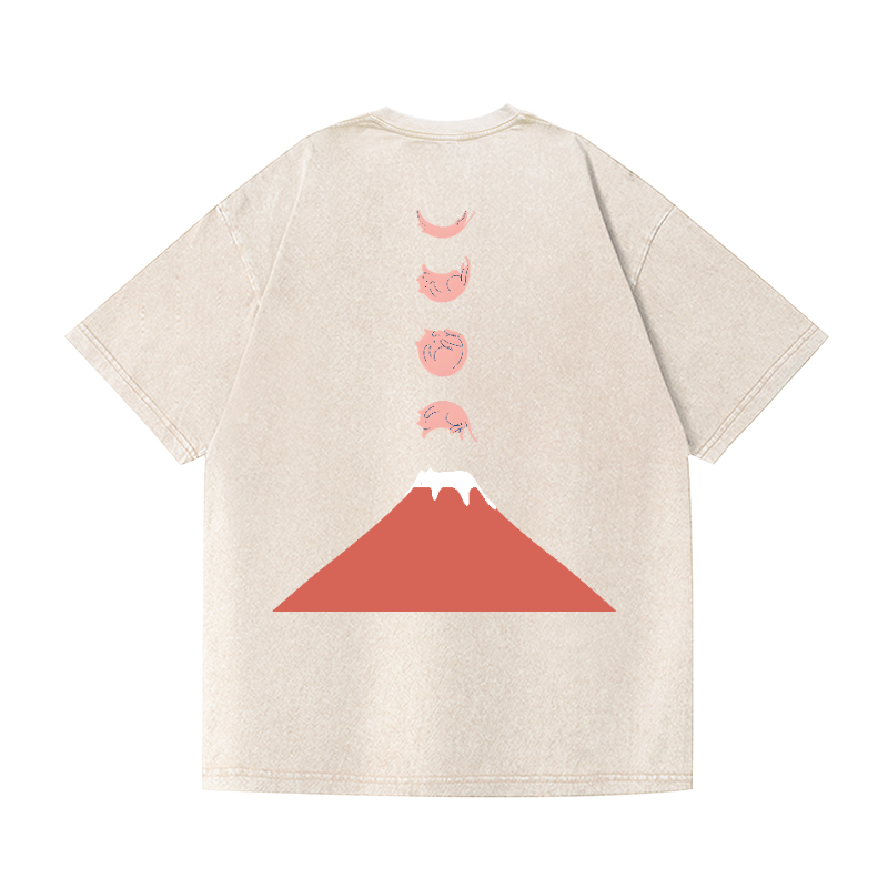 Cat Mount Fuji Vintage Wash Japanese Design Back Art T-Shirt
