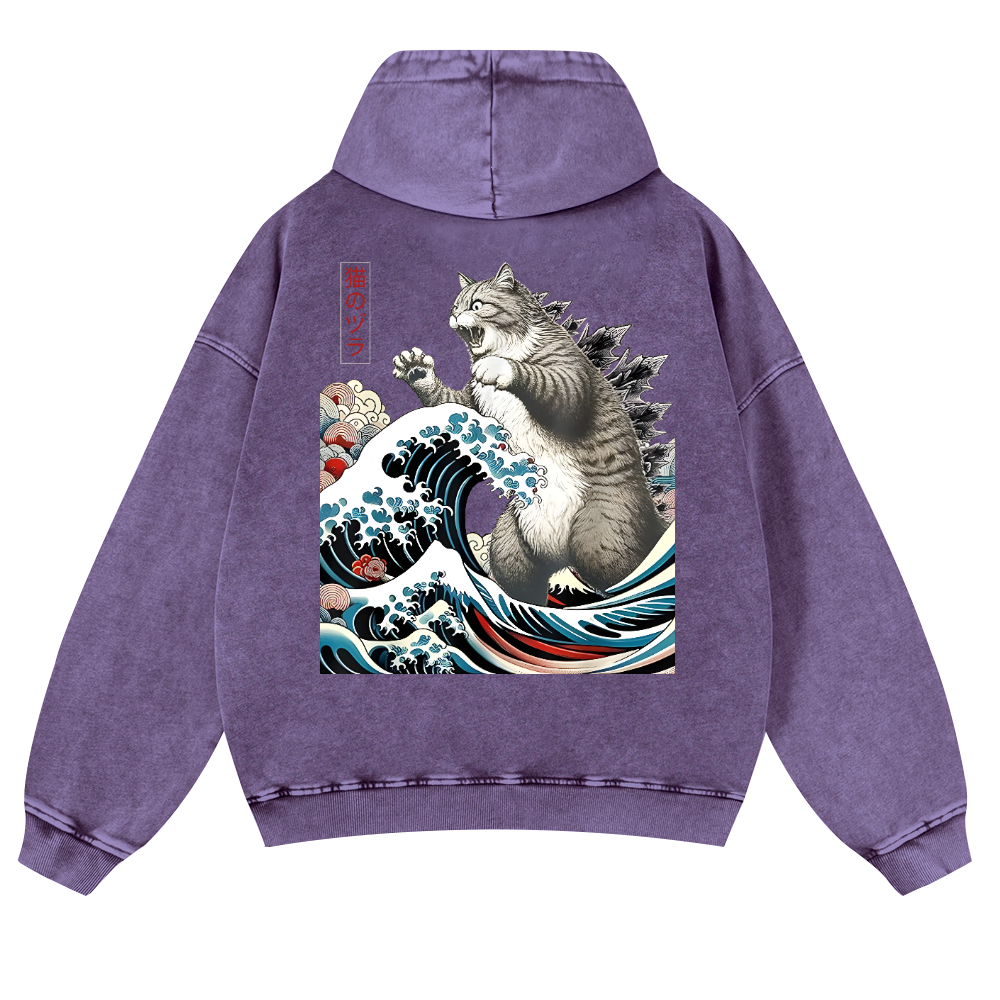 Cat Godzilla Ukiyoe Great Wave Vintage Washed Cotton Back Art Hoodie