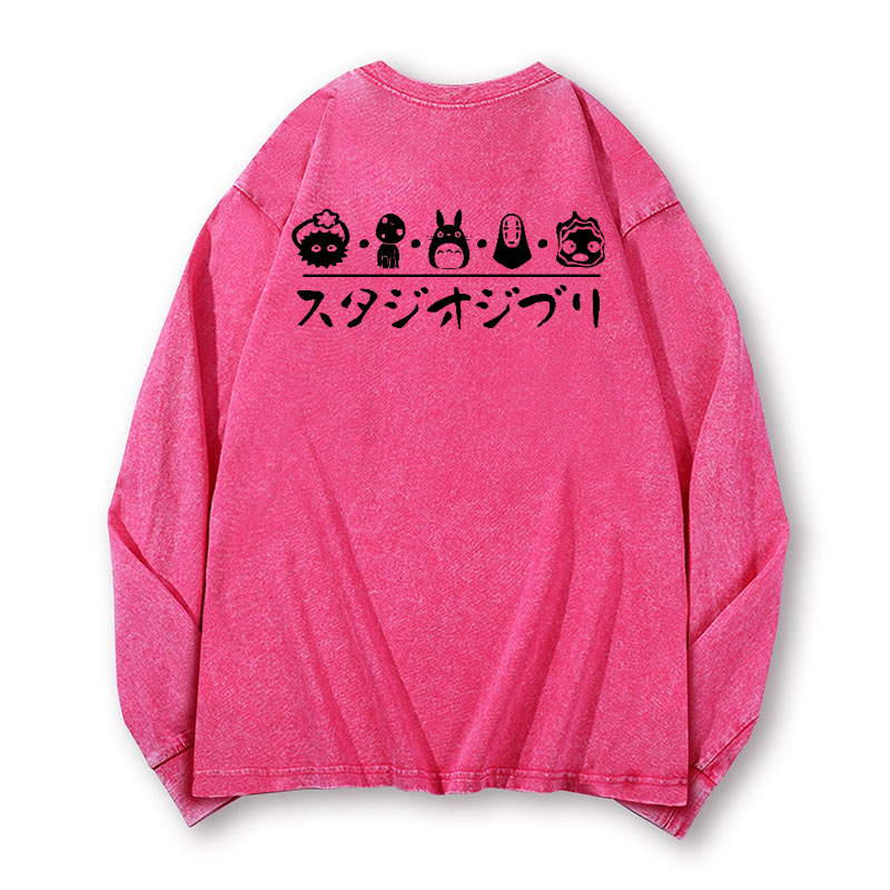 Ghibli Totoro No Face Kaonashi Vintage Washed Cotton Back Art Long-sleeve T-shirt