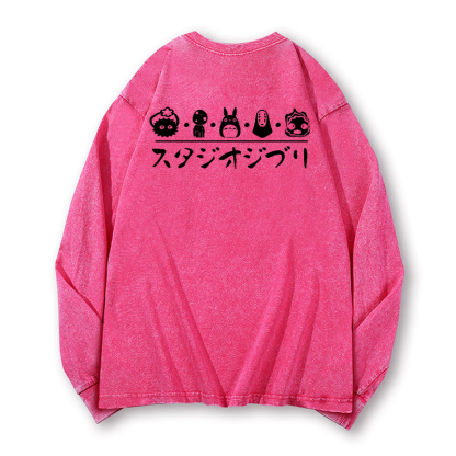 Ghibli Totoro No Face Kaonashi Vintage Washed Cotton Back Art Long-sleeve T-shirt