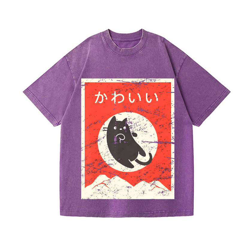 The Jumping Black Cat Vintage Wash Japanese Design T-Shirt