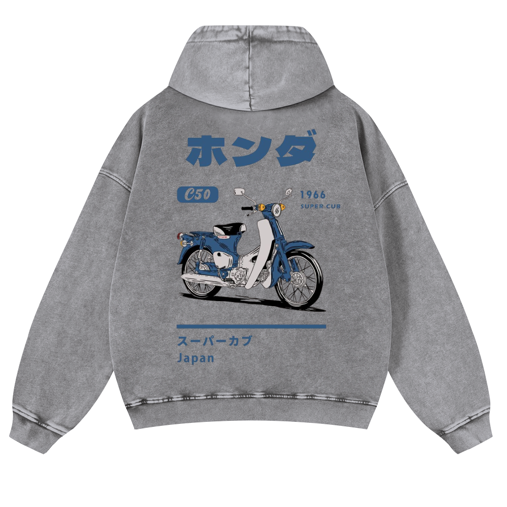 Honda C50 Super Cub Vintage Washed Cotton Back Art Hoodie