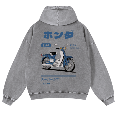 Honda C50 Super Cub Vintage Washed Cotton Back Art Hoodie