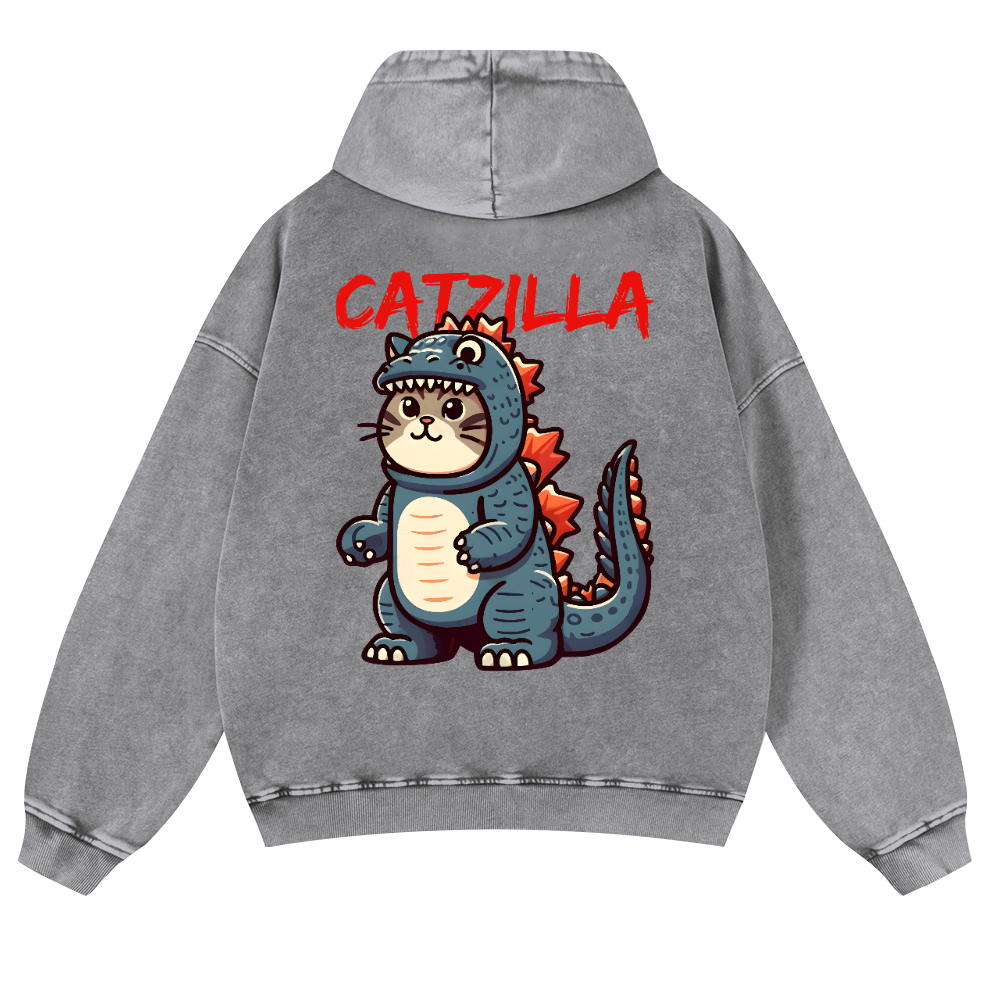 Cat Godzilla Catzilla Vintage Washed Cotton Back Art Hoodie