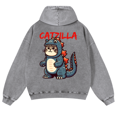 Cat Godzilla Catzilla Vintage Washed Cotton Back Art Hoodie