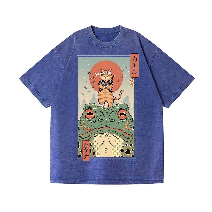 Ninja Cat and Frog Vintage Wash Japanese Design T-Shirt