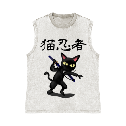 Cat Ninja Pure Cotton Wash-Dyed Sleeveless Tank Top
