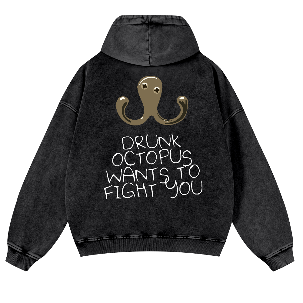 Drunken Octopus Vintage Washed Cotton Back Art Hoodie