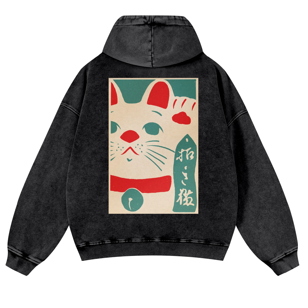 Lucky Cat Vintage Washed Cotton Back Art Hoodie