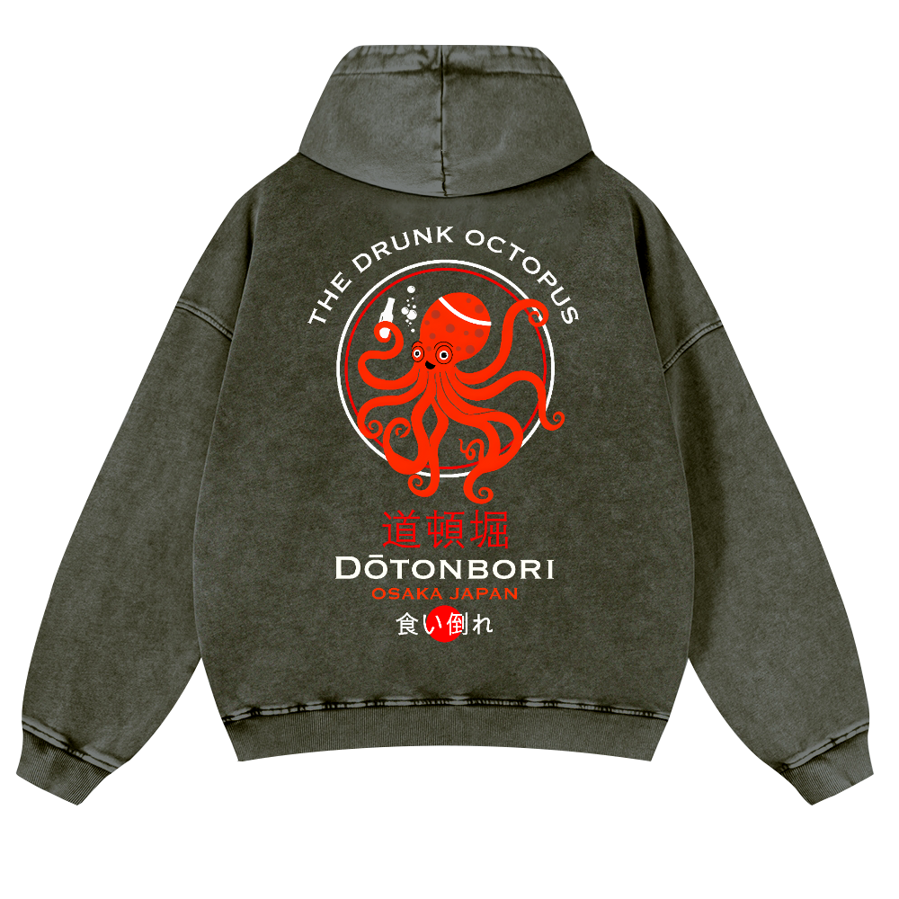 The Drunk Octopus Dotonbori Osaka Japan Vintage Washed Cotton Back Art Hoodie