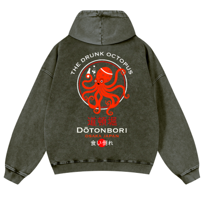The Drunk Octopus Dotonbori Osaka Japan Vintage Washed Cotton Back Art Hoodie