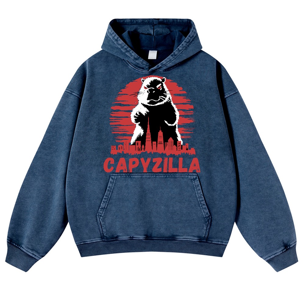 Capybara Godzilla Capyzilla Vintage Washed Thick Cotton Hoodie