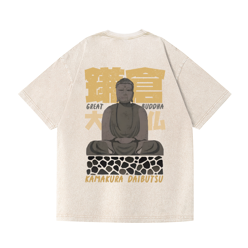 Kamakura Daibutsu Great Buddha Vintage Wash Japanese Design Back Art T-Shirt