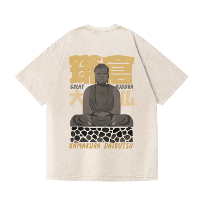 Kamakura Daibutsu Great Buddha Vintage Wash Japanese Design Back Art T-Shirt