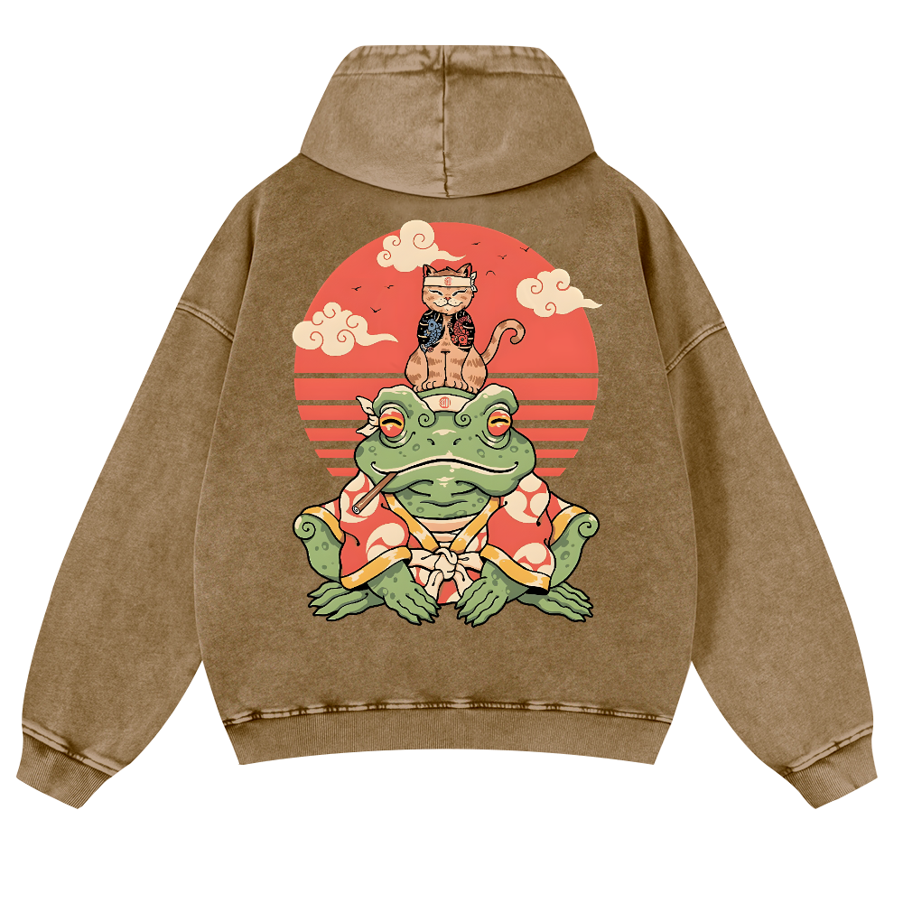 Cat And Frog Vintage Washed Cotton Back Art Hoodie