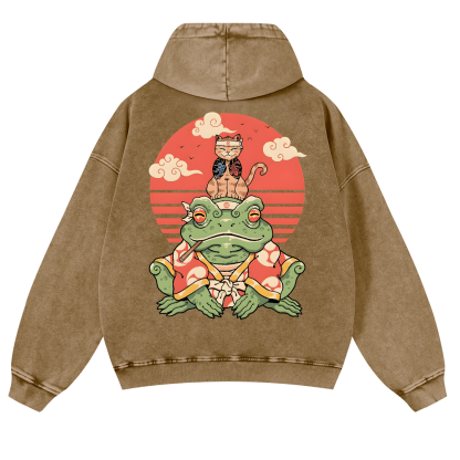 Cat And Frog Vintage Washed Cotton Back Art Hoodie