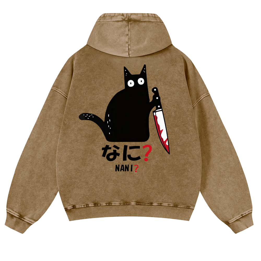 The Black Cat with a Knife Vintage Washed Cotton Back Art Hoodie