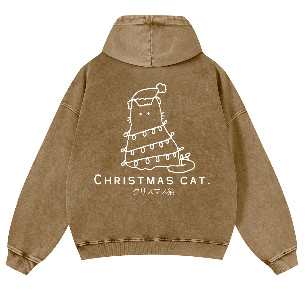 Christmas Cat Vintage Washed Cotton Back Art Hoodie
