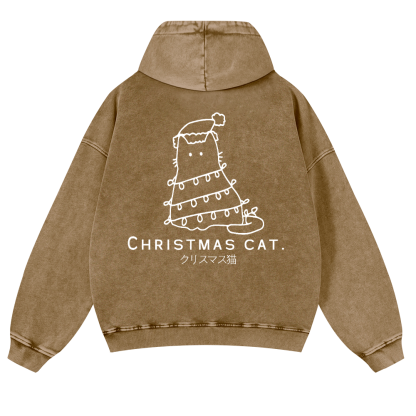 Christmas Cat Vintage Washed Cotton Back Art Hoodie