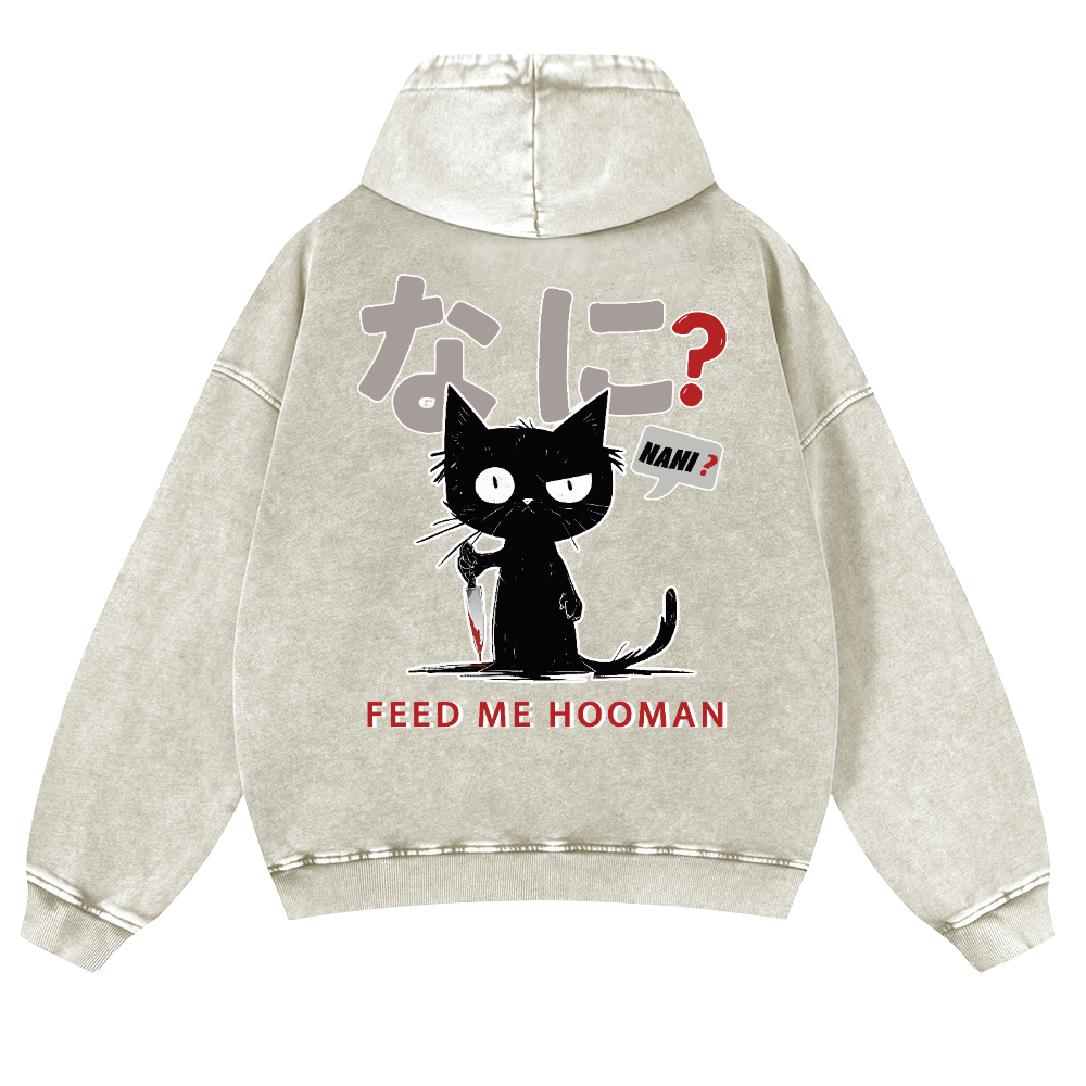 Cat Vintage Washed Cotton Back Art Hoodie