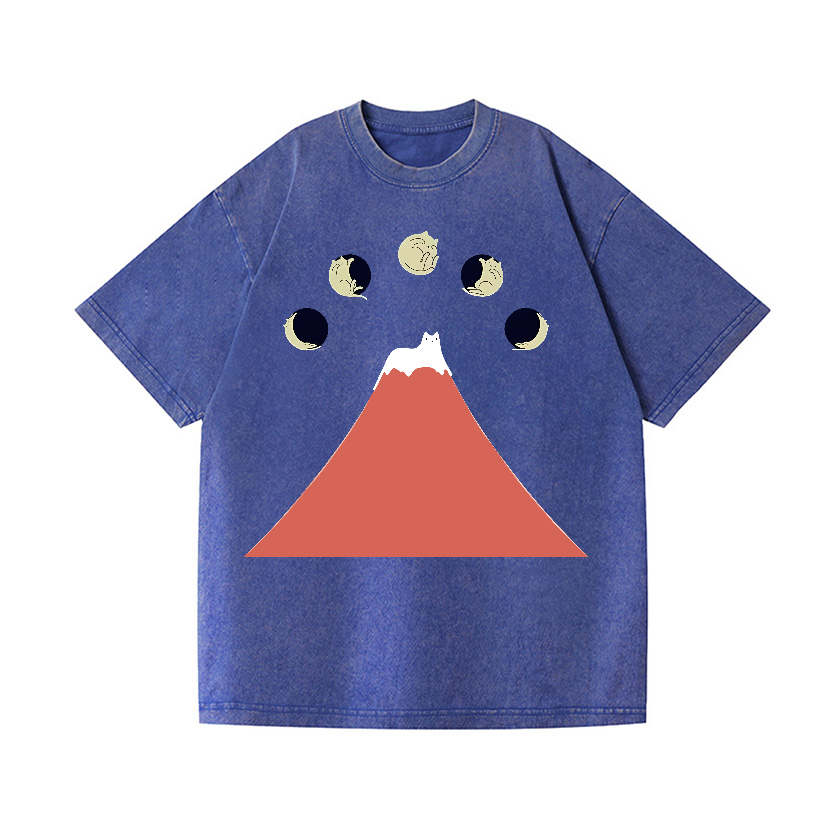 Mount FUJI Moon Cat Vintage Wash Japanese Design T-Shirt