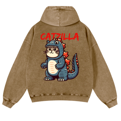 Cat Godzilla Catzilla Vintage Washed Cotton Back Art Hoodie