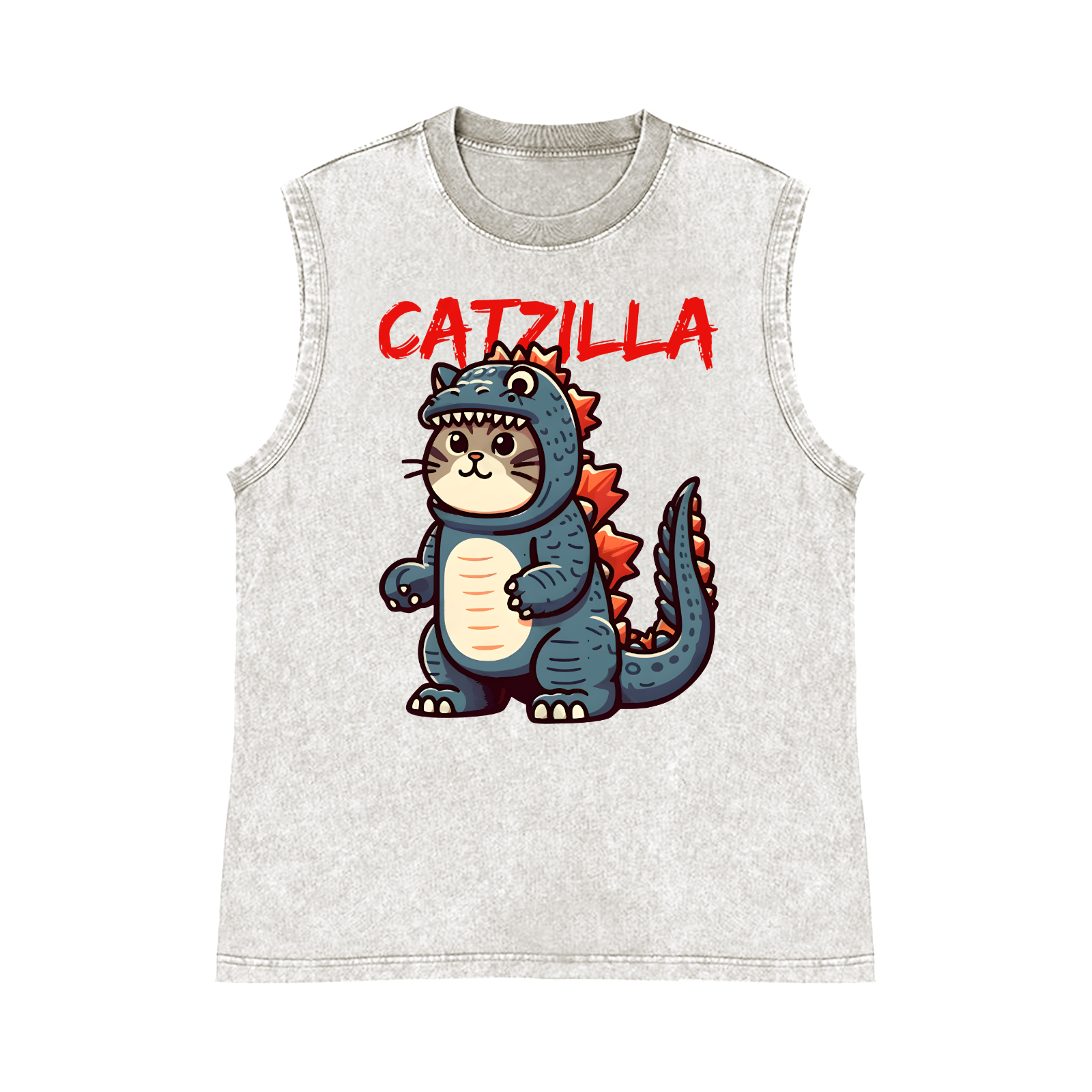Catzilla Cat Godzilla Pure Cotton Wash-Dyed Sleeveless Tank Top
