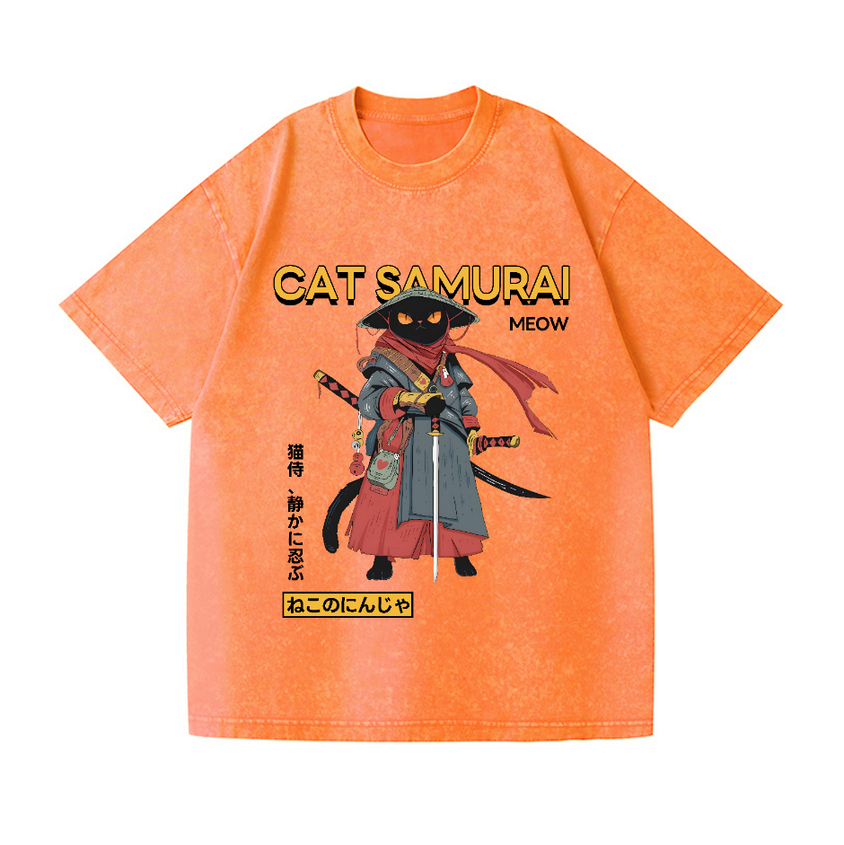 Cat Samurai Vintage Wash Japanese Design T-Shirt