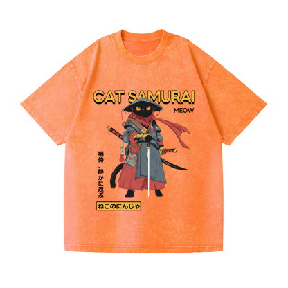 Cat Samurai Vintage Wash Japanese Design T-Shirt