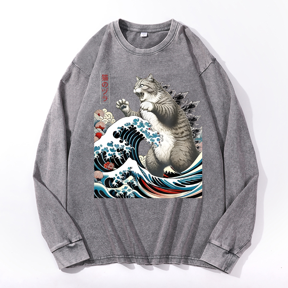 Cat Godzilla Ukiyoe Great Wave Vintage Cotton Wash Crewneck Sweatshirt