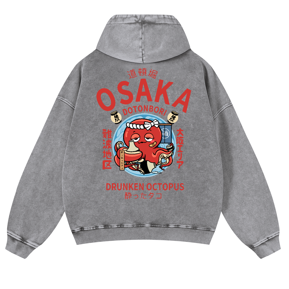Osaka Dotonbori Drunken Octopus Vintage Washed Cotton Back Art Hoodie