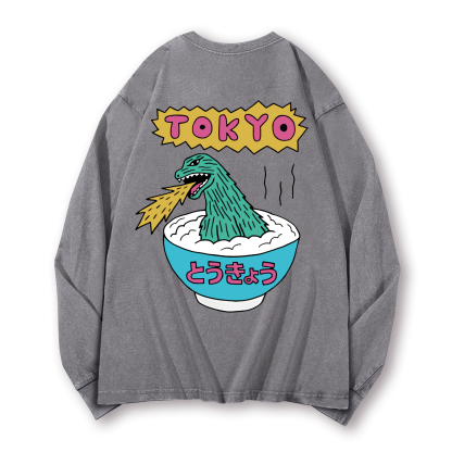 Godzilla The Monster Rice of Tokyo Vintage Washed Cotton Back Art Long-sleeve T-shirt