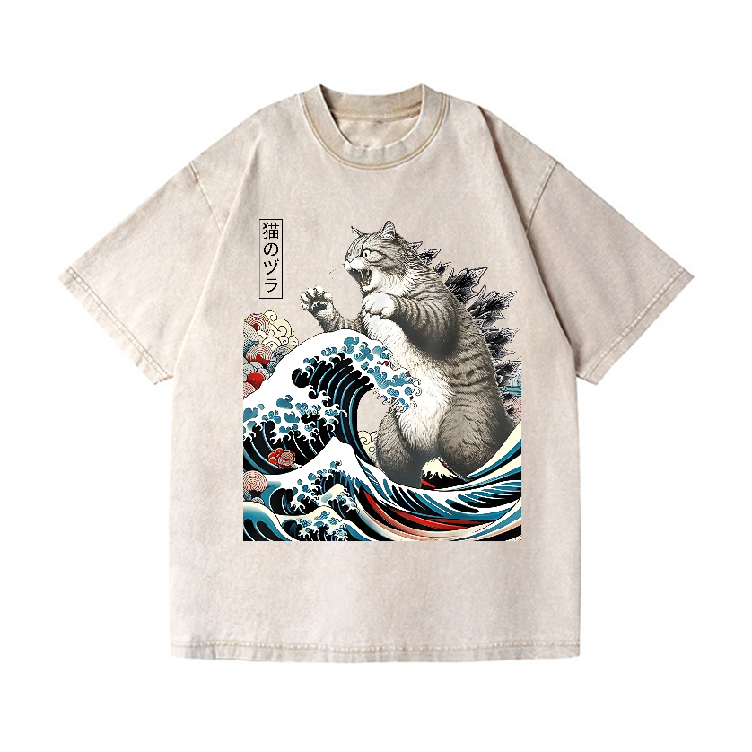Cat godzilla Ukiyoe Great Wave Vintage Wash Japanese Design T-Shirt