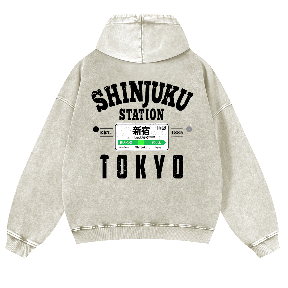 Shinjuku Station Vintage Washed Cotton Back Art Hoodie