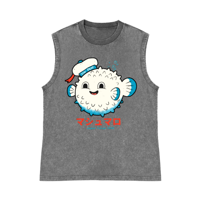 Puffer Fish Fugu Pure Cotton Wash-Dyed Sleeveless Tank Top