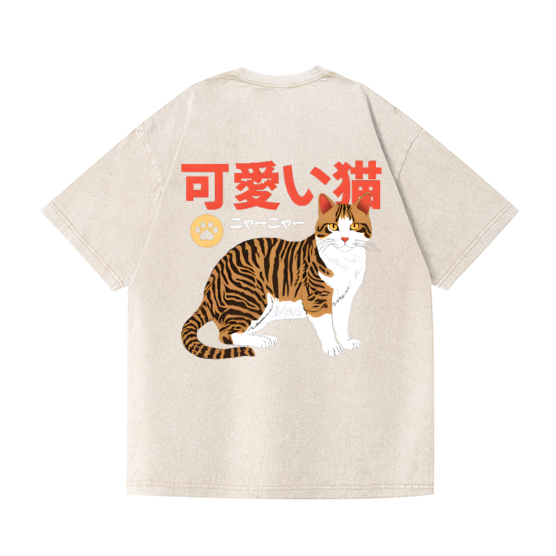 Cute Cat Vintage Wash Japanese Design Back Art T-Shirt