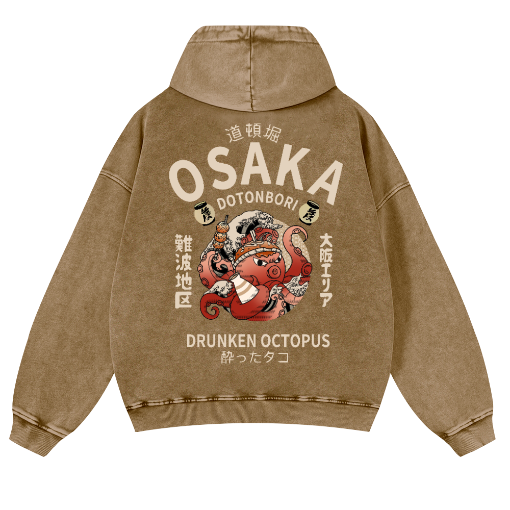 Osaka Dotonbori Drunken Octopus Vintage Washed Cotton Back Art Hoodie