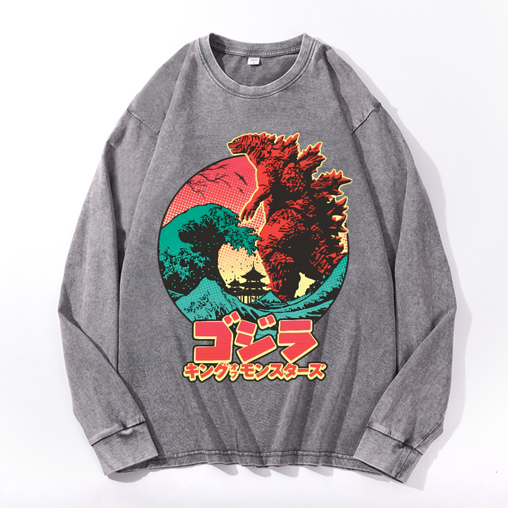 Godzilla Wave Vintage Cotton Wash Crewneck Sweatshirt
