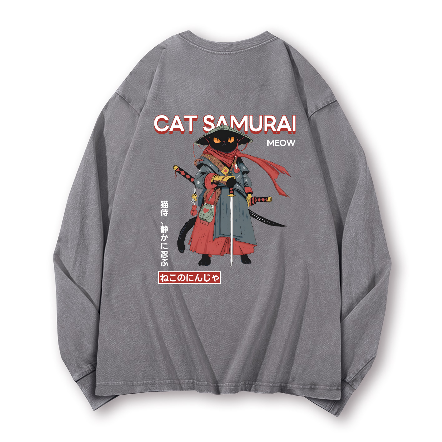 Cat Samurai Vintage Washed Cotton Back Art Long-sleeve T-shirt